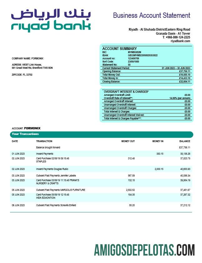Baixável Riyad Bank Enterprise Statement modelo Word e PDF